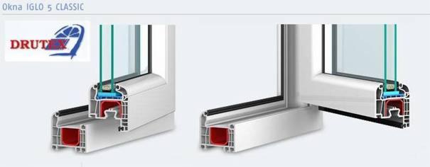 Przekrój okna IGLO 5 CLASSIC z logo DRUTEX, ukazujący budowę ramy, szybę i uszczelki. Widoczne detale konstrukcyjne i materiały użyte w produkcji okna.