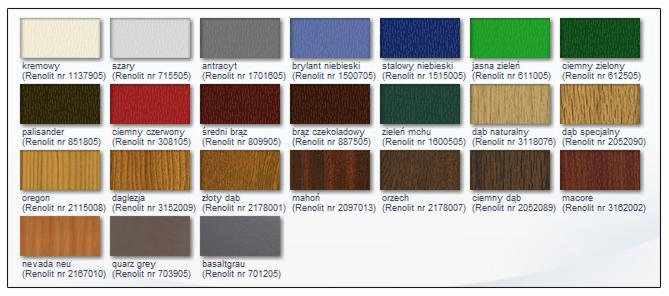 Paleta kolorów Renolit z nazwami i numerami, prezentująca odcienie drewna, szarości, zieleni i niebieskiego, ułożone w prostokątnej siatce na białym tle.