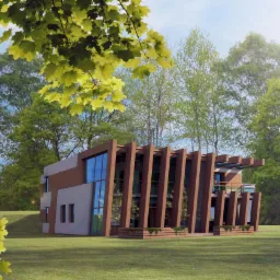 Wizualizacja nowoczesnego domu z drewnianymi elementami elewacji, dużymi oknami i otoczeniem zieleni. Projekt domu z oryginalną architekturą.