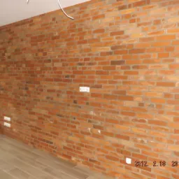 Ściana wyłożona czerwoną cegłą klinkierową z widocznymi fugami, dwa gniazdka elektryczne, szara ściana po lewej stronie i parkiet na podłodze.