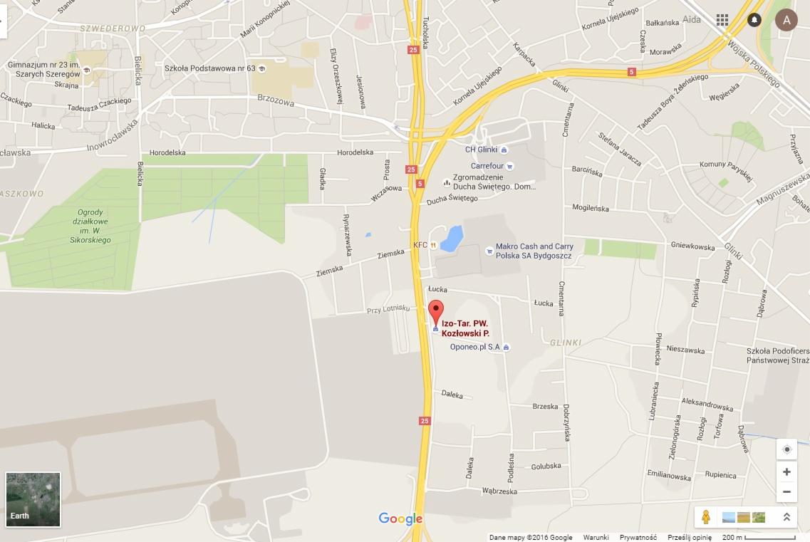 Mapa Bydgoszczy z zaznaczoną lokalizacją firmy Izo-Tar PW Kozłowski P. przy ulicy Przy Lotnisku.