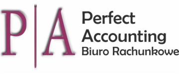 Logo firmy Perfect Accounting z burgundowymi literami P i A rozdzielonymi pionową linią, obok nazwa firmy w czcionce bezszeryfowej.