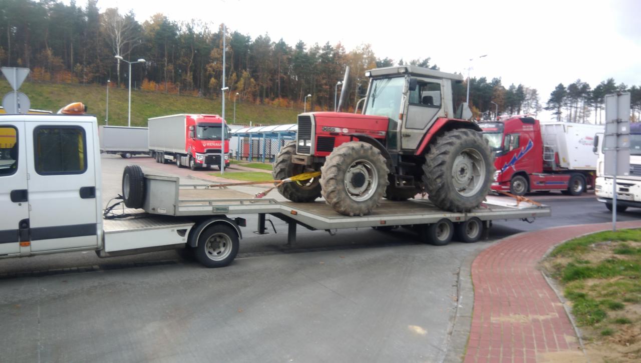 Czerwony traktor Massey Ferguson 3655 zabezpieczony pasami na niskopodwoziowej przyczepie lawety, w tle zaparkowane samochody ciężarowe.