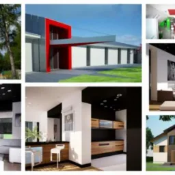 Kolaż wizualizacji architektonicznych i aranżacji wnętrz, prezentujący różnorodne style budynków mieszkalnych, usługowych oraz nowoczesne wnętrza z elementami drewna i czerni.
