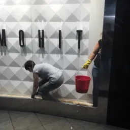 Pracownik w Pruszczu Gdańskim czyści fugi przy witrynie sklepowej z napisem MOHITO, używając narzędzi i czerwonego wiadra. Widoczna podłoga z płytek.