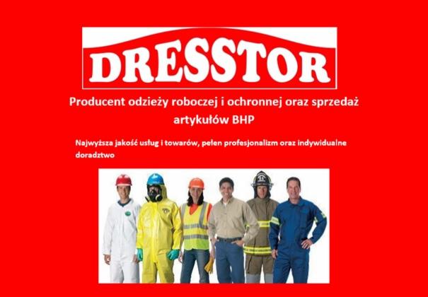 Logo firmy DRESSTOR, producenta odzieży roboczej i ochronnej BHP. Prezentacja różnych modeli odzieży roboczej: kombinezon, ubranie dla spawacza, strażaka i inne.