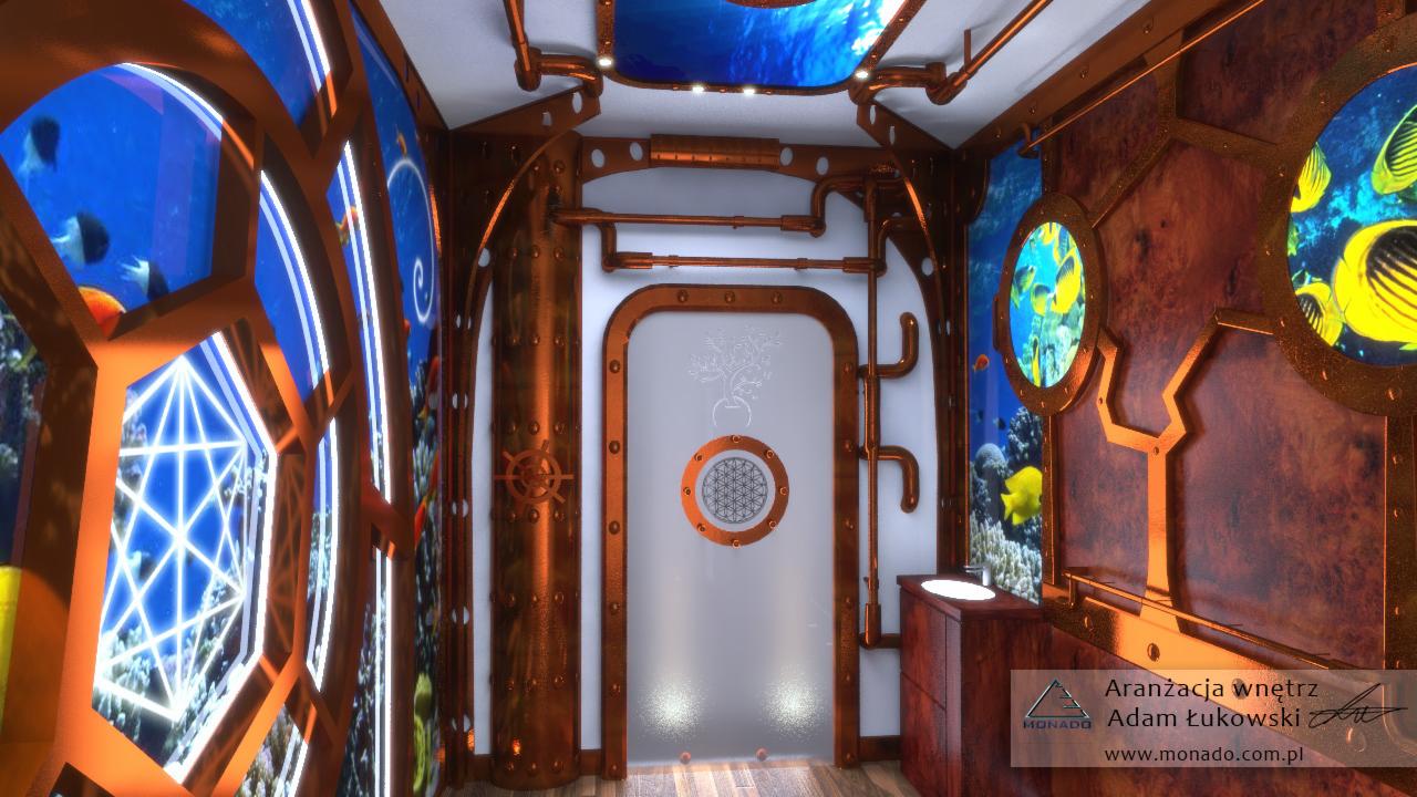 Steampunkowa aranżacja wnętrza w W5 2BS London: ściany z motywem akwarium, mosiężne rury, okrągłe okna i morski klimat. Nietypowy design.