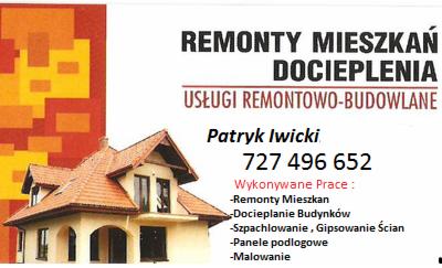 Wizytówka firmy remontowo-budowlanej z ofertą: remonty mieszkań, docieplenia, szpachlowanie, gipsowanie ścian, panele podłogowe i malowanie. Na grafice dom jednorodzinny.