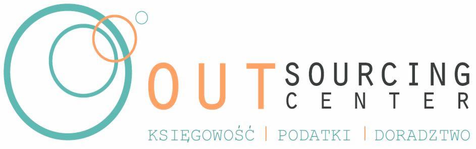 Logo Outsourcing Center z trzema okręgami w kolorach turkusowym i pomarańczowym. Napis: Księgowość | Podatki | Doradztwo.