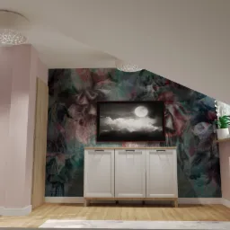 Wizualizacja sypialni na poddaszu z tapetą w kwiaty, białym kredensem pod obrazem z motywem księżyca i roślinami w doniczkach na parapecie.