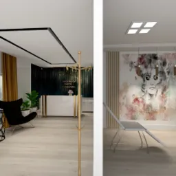 Wnętrze biura z recepcją i poczekalnią, widoczne czarne fotele, złote zasłony, abstrakcyjny obraz na ścianie oraz widok na miasto za oknem.