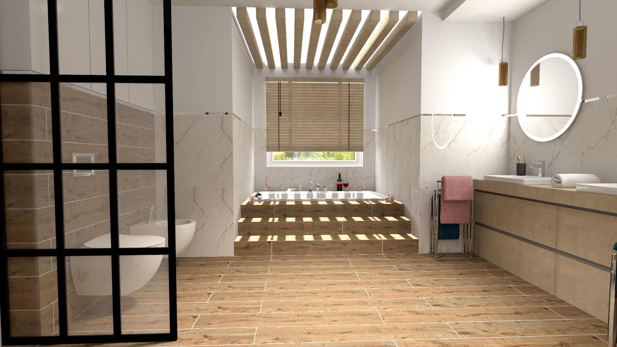 Nowoczesna łazienka z drewnianymi akcentami, wanna na podwyższeniu, okrągłe lustra z podświetleniem i przeszklona kabina prysznicowa z czarnymi ramami.