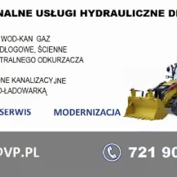 Żółta koparko-ładowarka na białym tle, nad nią lista usług hydraulicznych, montaż, serwis, modernizacja, adres e-mail i numer telefonu.