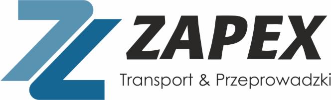 Logo firmy ZAPEX z dwoma stylizowanymi literami Z w odcieniach niebieskiego oraz czarnym napisem 'ZAPEX Transport & Przeprowadzki'.