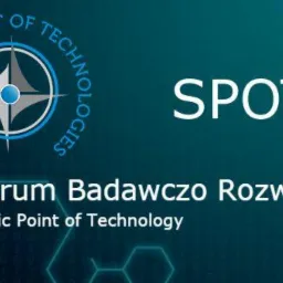 Grafika z logo i nazwą 'SPOT - Centrum Badawczo Rozwojowe Scientific Point of Technology' na turkusowym tle z motywem heksagonów.