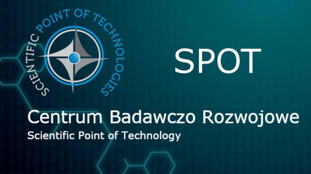 Grafika z logo i nazwą 'SPOT - Centrum Badawczo Rozwojowe Scientific Point of Technology' na turkusowym tle z motywem heksagonów.