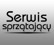 Czarno-białe logo firmy sprzątającej z napisem 'Serwis sprzątający' na szarym, gradientowym tle.