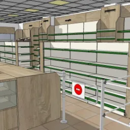Wizualizacja 3D wnętrza sklepu z drewnianymi regałami i ladą, widok na strefę kasy i półki na produkty spożywcze, z systemem zabezpieczeń przed kradzieżą.