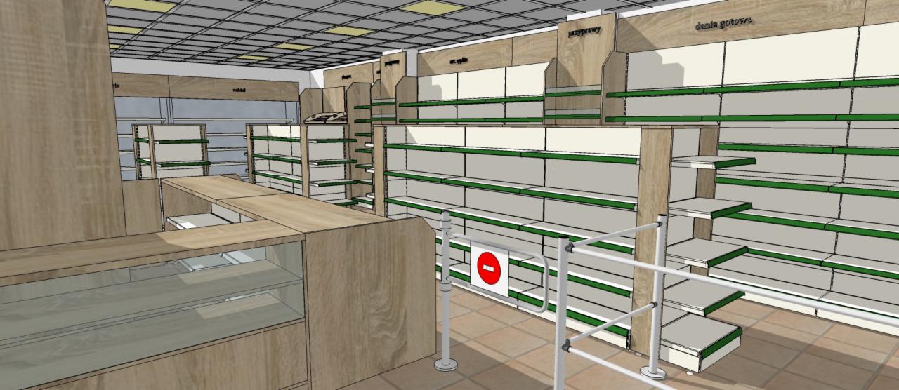 Wizualizacja 3D wnętrza sklepu z drewnianymi regałami i ladą, widok na strefę kasy i półki na produkty spożywcze, z systemem zabezpieczeń przed kradzieżą.