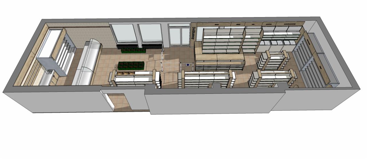 Projekt 3D wnętrza sklepu spożywczego z regałami, ladą chłodniczą i oknami, widok z góry, prezentacja rozmieszczenia wyposażenia.