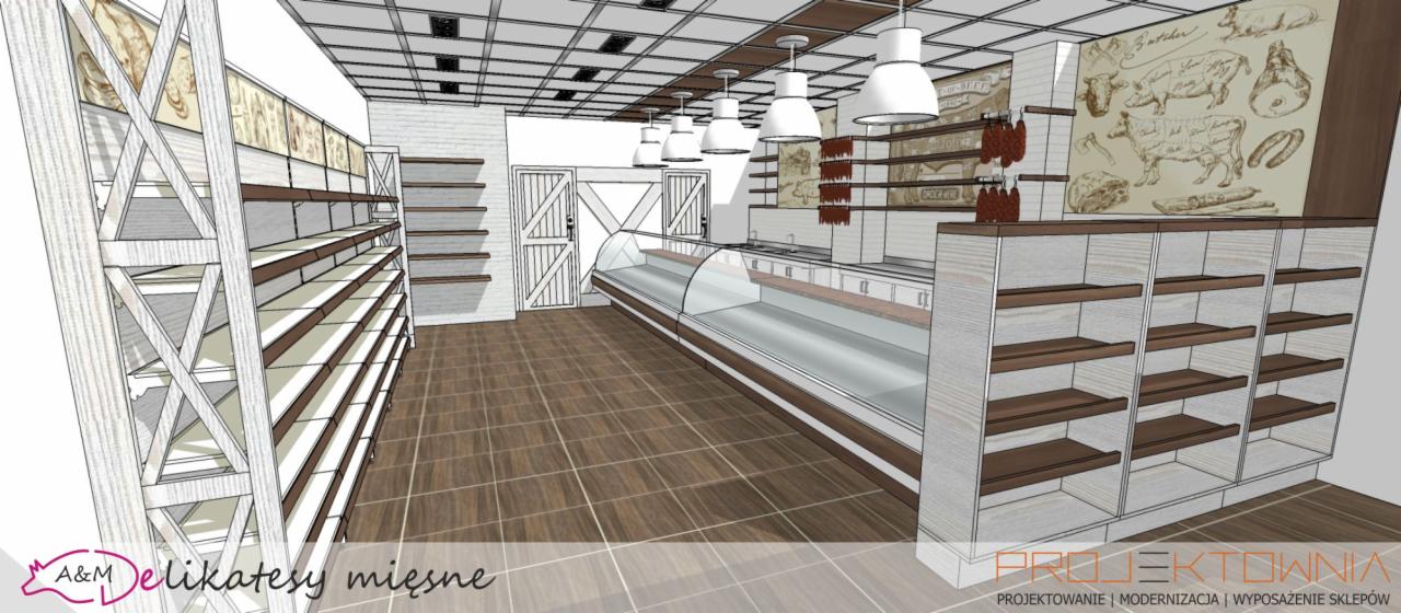 Projekt wnętrza sklepu mięsnego: regały z drewnianymi półkami, lada chłodnicza, grafiki z wizerunkami zwierząt na ścianach. Wizualizacja 3D z perspektywą.