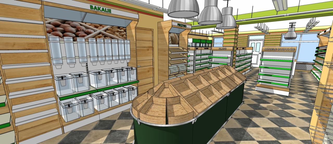Wizualizacja 3D wnętrza sklepu spożywczego z regałami na bakalie, pieczywo i płatki. Widoczne dozowniki, półki i oświetlenie. Podłoga w szachownicę.