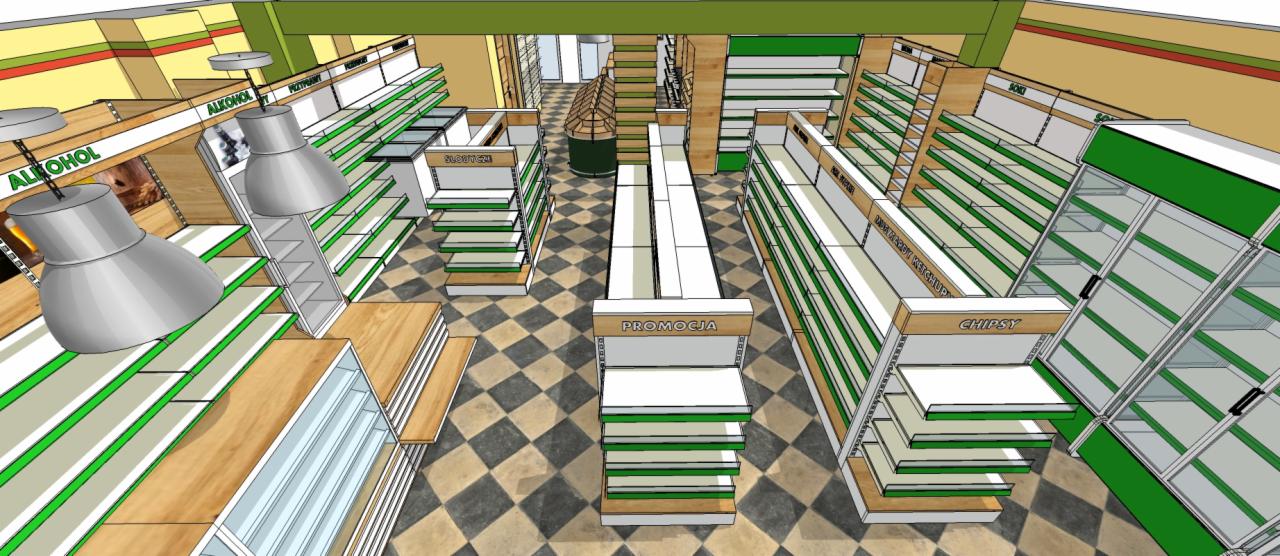 Wizualizacja 3D wnętrza sklepu spożywczego z regałami na alkohol, słodycze, chipsy i ketchup. Widok z góry, perspektywa zbieżna, szachownica na podłodze.