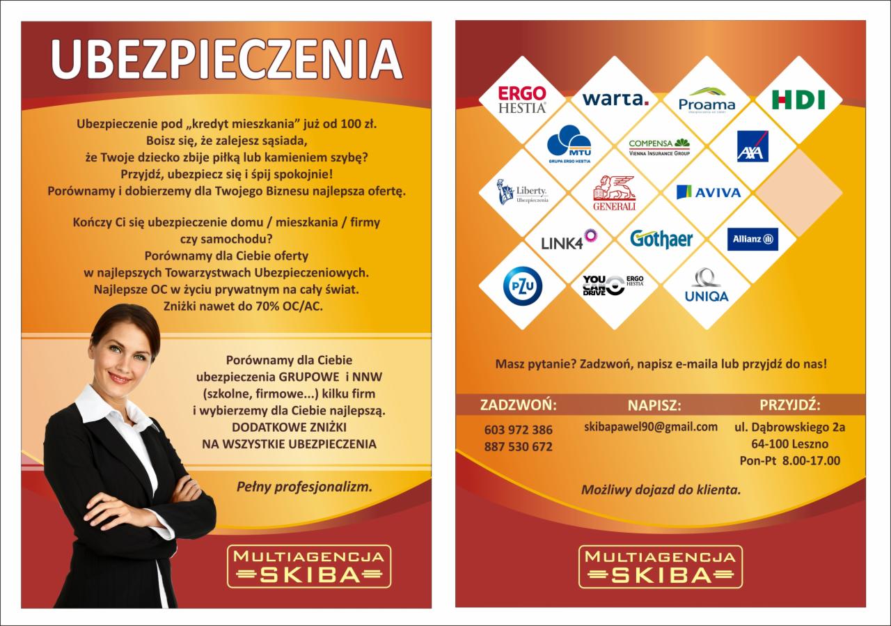 Multitagencja ubezpieczeniowa prezentuje ofertę: ubezpieczenia OC/AC, firmowe, grupowe, mieszkania i na życie. Kontakt telefoniczny i adres biura w Lesznie.