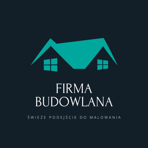 Logo firmy budowlanej z motywem domu w kolorze turkusowym i hasłem 'Świeże podejście do malowania' na ciemnym tle.