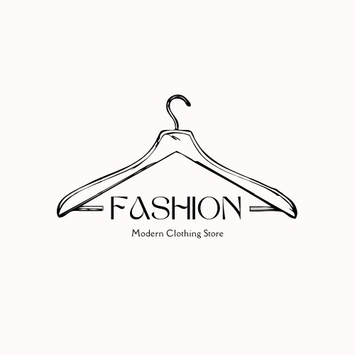 Szkic logo sklepu odzieżowego: wieszak na ubrania z napisem 'FASHION' i podtytułem 'Modern Clothing Store'.