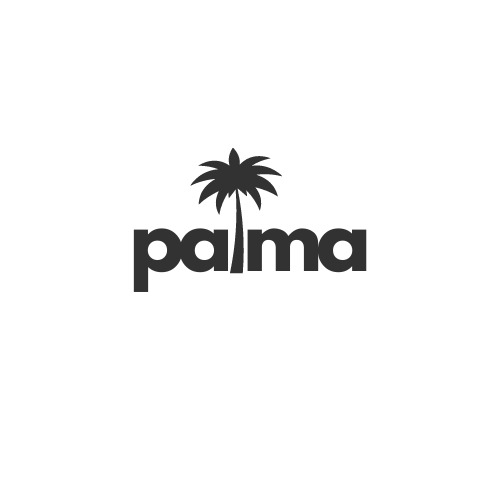 Minimalistyczne logo 'palma' z sylwetką palmy nad napisem, czarne na białym tle.