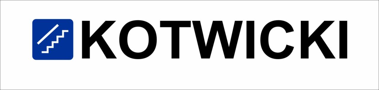 Logo firmy KOTWICKI z ikoną schodów w niebieskim kwadracie po lewej stronie, czarne litery na białym tle.