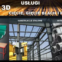 Przykładowe wyroby z blachy, konstrukcje stalowe i elementy ze stali nierdzewnej prezentowane jako oferta usług cięcia, gięcia blach i profili, spawania plazmowego 3D.