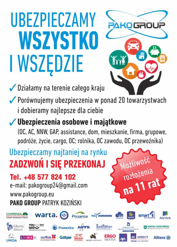 Grafika reklamowa firmy ubezpieczeniowej PAKO GROUP z hasłem 'Ubezpieczamy wszystko i wszędzie', numerem telefonu, adresem e-mail i logo oraz logotypami współpracujących towarzystw ubezpieczeniowych.
