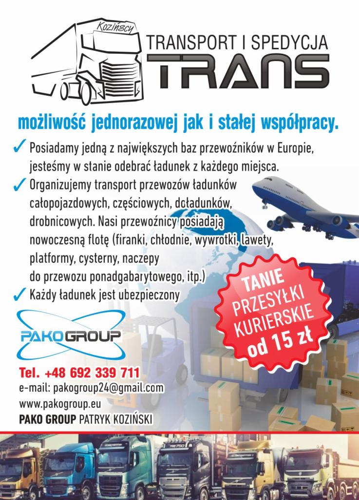 Ulotka reklamowa firmy transportowej z grafiką ciężarówki, samolotu i hasłem 'Tanie przesyłki kurierskie od 15 zł', zawierająca dane kontaktowe i ofertę transportu ładunków.