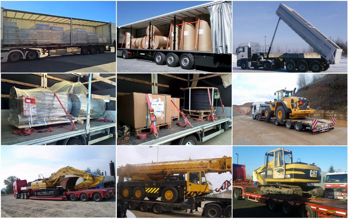 Zestawienie zdjęć przedstawiających różne ładunki zabezpieczone pasami transportowymi na naczepach ciężarówek, w tym rolki papieru, maszyny budowlane i skrzynie.