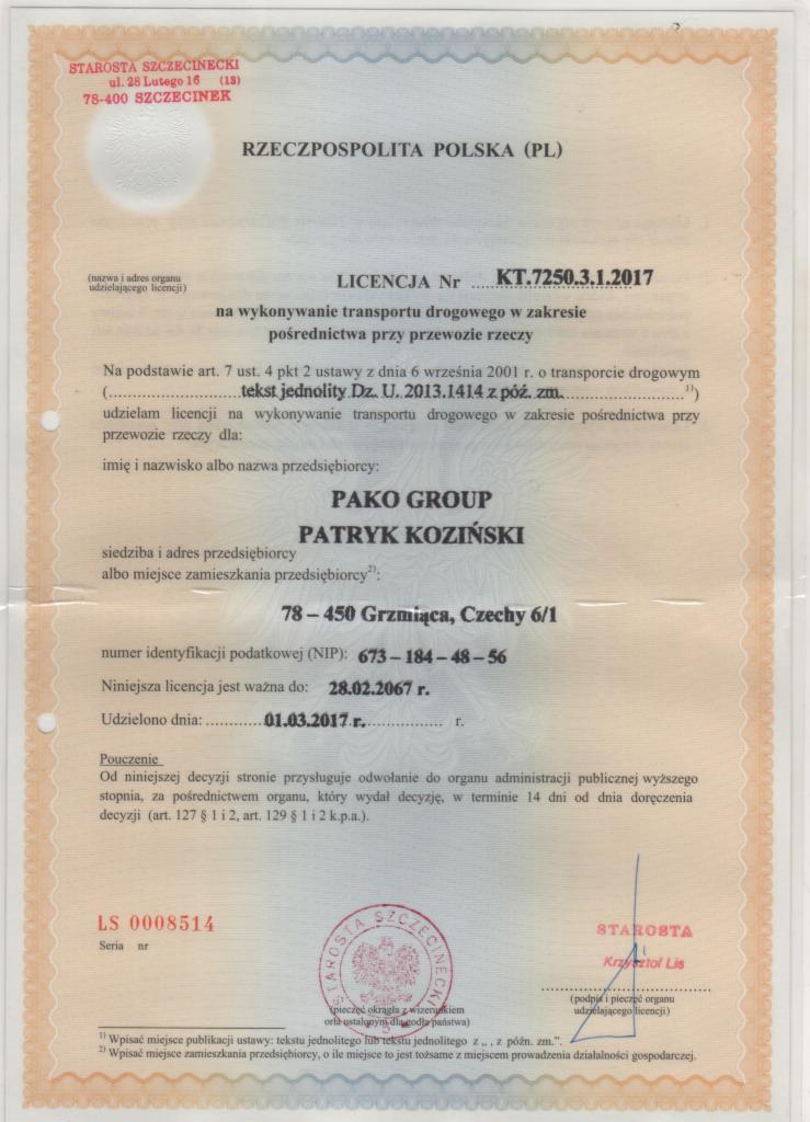 Skan licencji transportowej firmy PAKO GROUP z siedzibą w Grzmiącej, wydanej przez Starostę Szczecineckiego, ważnej do 28.02.2067 roku.