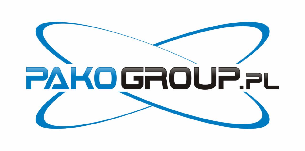 Logo firmy Pako Group.pl z niebiesko-czarnym tekstem i abstrakcyjnymi niebieskimi elementami graficznymi na białym tle.