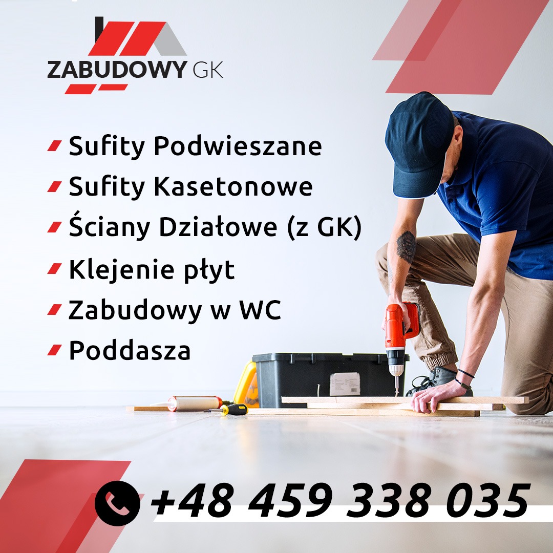 Mężczyzna w czapce wierci w desce, obok skrzynka z narzędziami; w tle logo i lista usług remontowych.