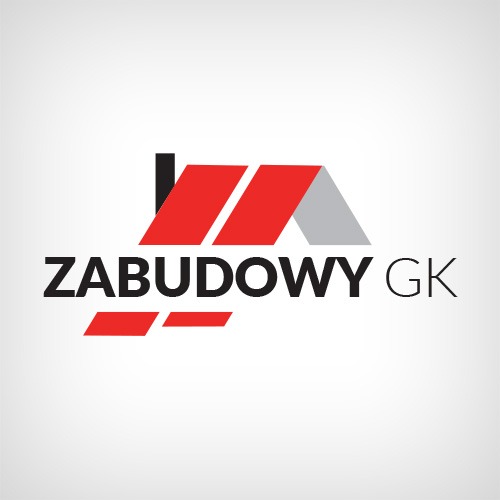 Logo firmy budowlanej z napisem 'ZABUDOWY GK', stylizowanym dachem w kolorach czerwonym i szarym oraz czarnym kominem.