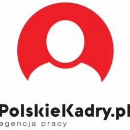 Logo firmy PolskaKadry.pl: czerwony okrąg z białą sylwetką osoby, poniżej nazwa i dopisek 'agencja pracy'. Prosty, nowoczesny design w barwach firmowych.