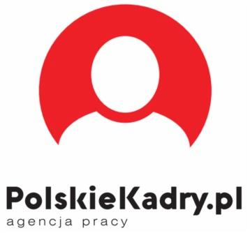 Logo firmy PolskaKadry.pl: czerwony okrąg z białą sylwetką osoby, poniżej nazwa i dopisek 'agencja pracy'. Prosty, nowoczesny design w barwach firmowych.