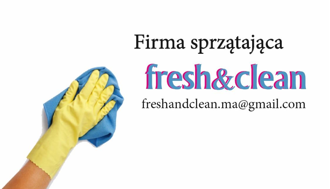 Ręka w żółtej rękawicy czyści niebieską ściereczką na tle napisu 'Firma sprzątająca fresh&clean freshandclean.ma@gmail.com'.