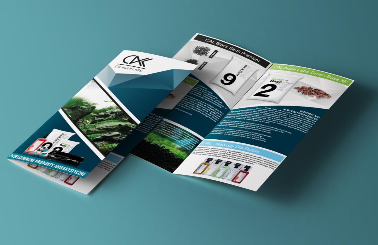 Profesjonalna broszura CAL Aqua Labs prezentująca produkty akwarystyczne: podłoża wzbogacające, nawozy dla roślin, z detalami i informacjami o produktach.