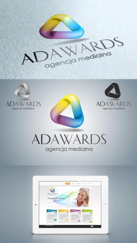 Prezentacja logo agencji medialnej ADAWARDS w trzech wariantach oraz na ekranie tabletu. Kolorowy, trójkątny symbol graficzny. Minimalistyczny design.