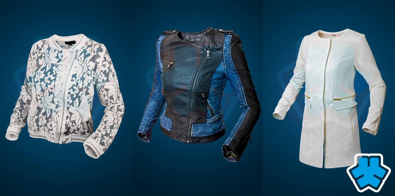 Trzy różne kurtki damskie: biała koronkowa bomberka, czarno-dżinsowa ramoneska i biały płaszcz z kieszeniami na suwak, na ciemnoniebieskim tle.