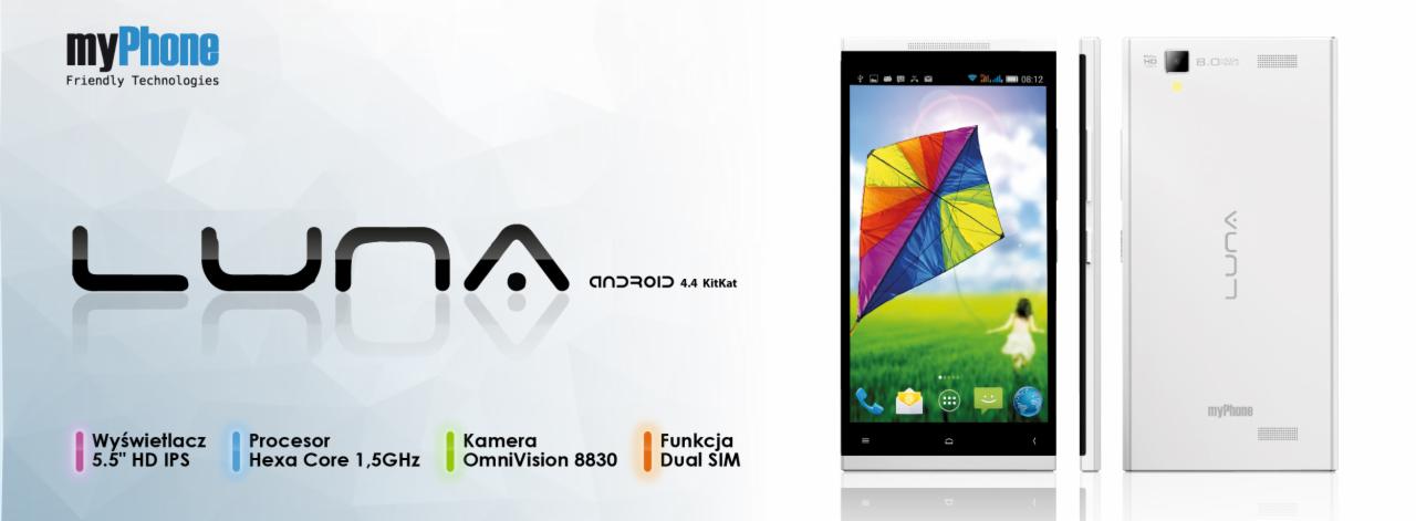 Biały smartfon Luna z tęczowym latawcem na ekranie, prezentowany z przodu i z tyłu, obok logo producenta MyPhone i specyfikacji technicznej.