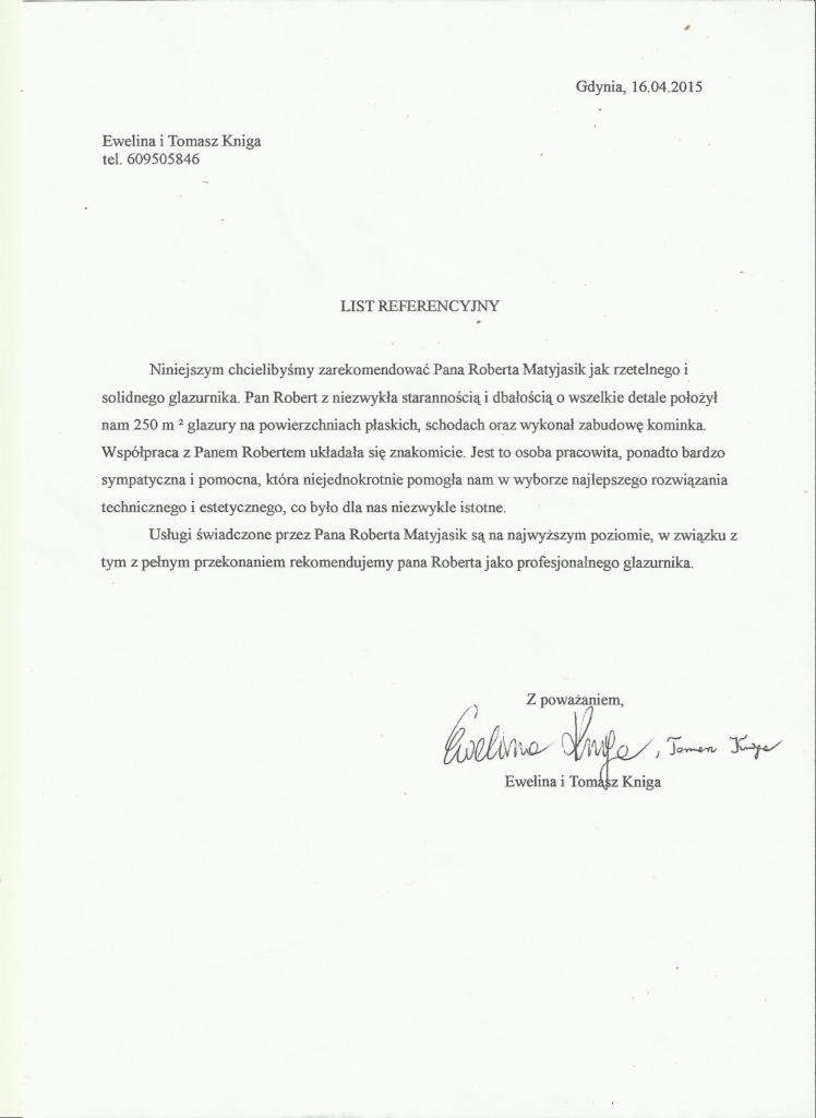 List referencyjny dla glazurnika Roberta Matyjasika, wystawiony przez Ewelinę i Tomasza Knigę z Gdyni, datowany na 16.04.2015, podkreślający rzetelność i staranność wykonania prac.