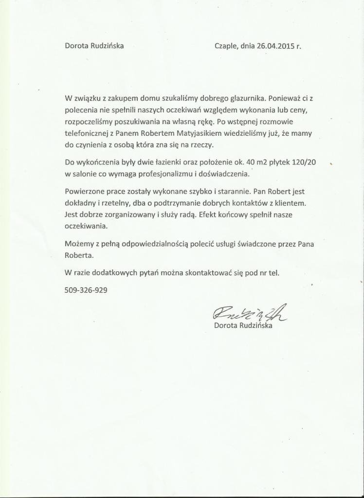 Referencje od zadowolonej klientki, Doroty Rudzińskiej, z datą 26.04.2015. Tekst podkreśla profesjonalizm i staranność wykonania prac wykończeniowych łazienek.