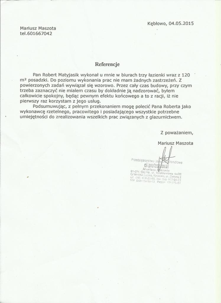 Skan referencji dla glazurnika Roberta Matyjasika, potwierdzający wykonanie trzech łazienek i 120 m² posadzki w biurze, podpisany przez Mariusza Maszotę z Kębłowa.